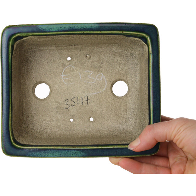 Rectangular green bonsai pot by Terahata Satomi Mazan - 165 x 135 x 65 mm