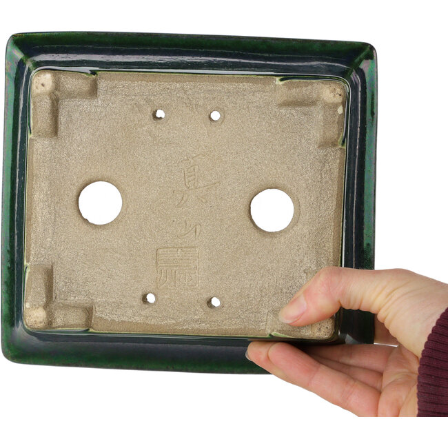 Rectangular green bonsai pot by Terahata Satomi Mazan - 182 x 165 x 75 mm