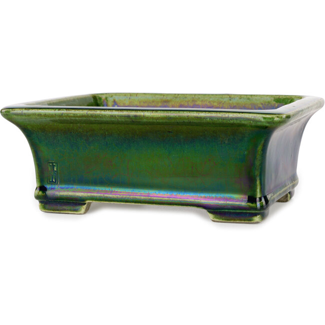 Vaso bonsai rettangolare verde craquelé di Terahata Satomi Mazan - 215 x 180 x 83 mm