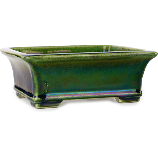 Rectangular green craquelé bonsai pot by Terahata Satomi Mazan - 215 x 180 x 83 mm