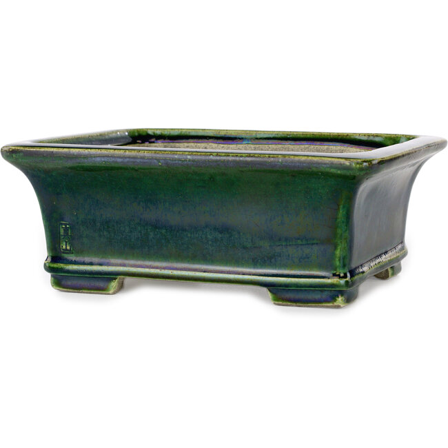 Pot à bonsaï rectangulaire vert craquelé par Terahata Satomi Mazan - 215 x 180 x 83 mm
