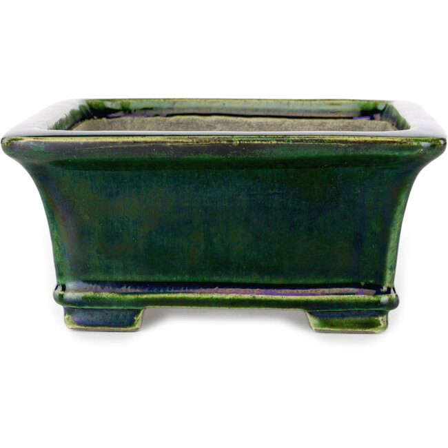 Pot à bonsaï rectangulaire vert craquelé par Terahata Satomi Mazan - 215 x 180 x 83 mm