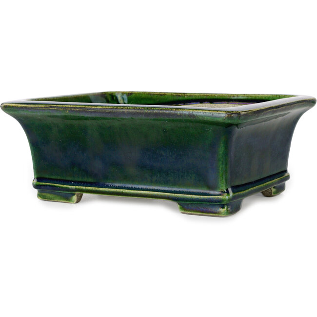 Rectangular green craquelé bonsai pot by Terahata Satomi Mazan - 215 x 180 x 83 mm