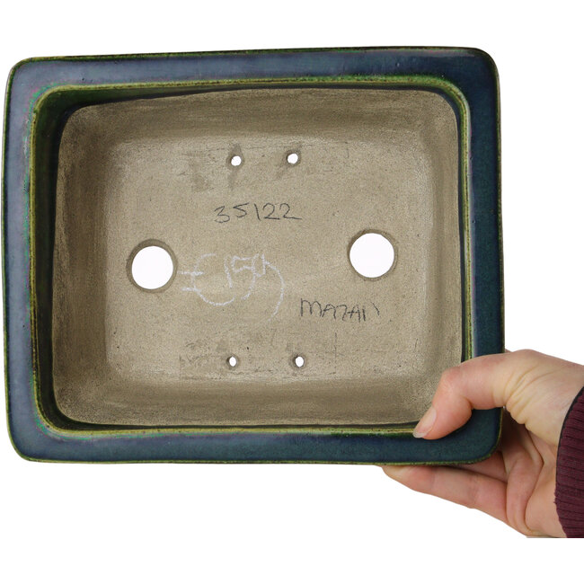 Rectangular green bonsai pot by Terahata Satomi Mazan - 215 x 180 x 83 mm