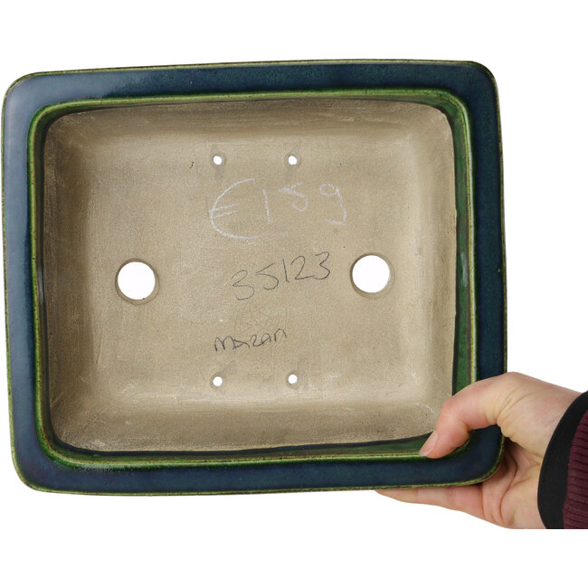 Rectangular green bonsai pot by Terahata Satomi Mazan - 250 x 215 x 82 mm