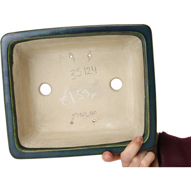 Pot à bonsaï rectangulaire vert par Terahata Satomi Mazan - 250 x 215 x 82 mm