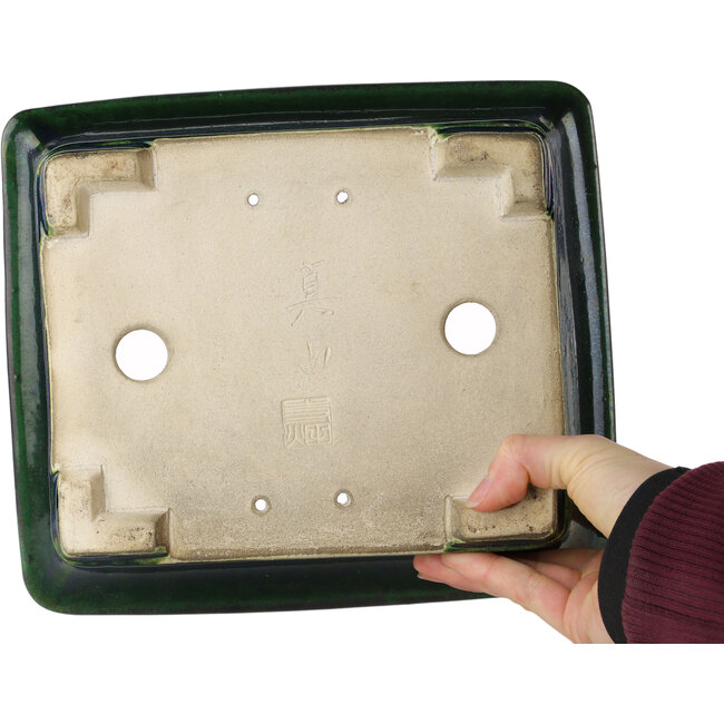 Pot à bonsaï rectangulaire vert par Terahata Satomi Mazan - 250 x 215 x 82 mm