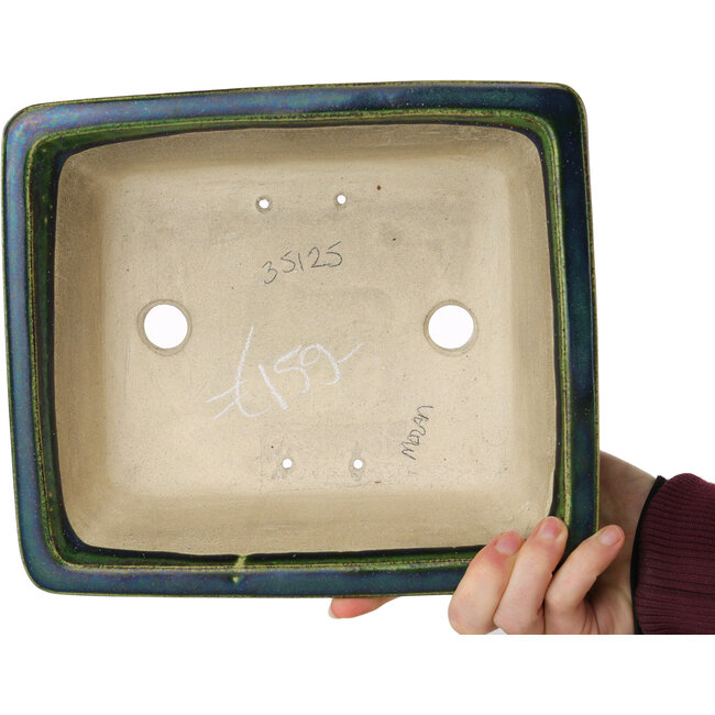 Pot à bonsaï rectangulaire vert par Terahata Satomi Mazan - 250 x 215 x 82 mm