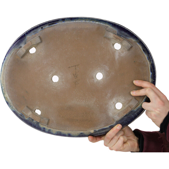 Oval white and blue bonsai pot by Shuhou - 423 x 328 x 65 mm