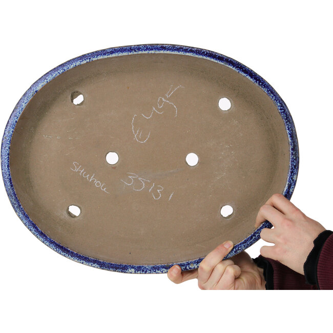 Oval white and blue bonsai pot by Shuhou - 423 x 328 x 65 mm