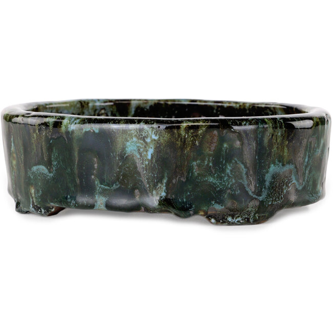 Oval brown and green multicolor bonsai pot by Shuhou - 183 x 154 x 55 mm