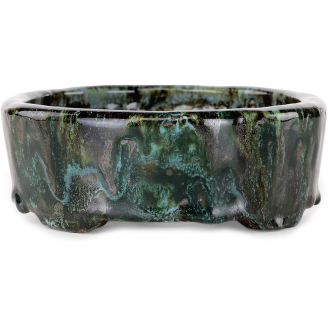 Oval brown and green multicolor bonsai pot by Shuhou - 183 x 154 x 55 mm