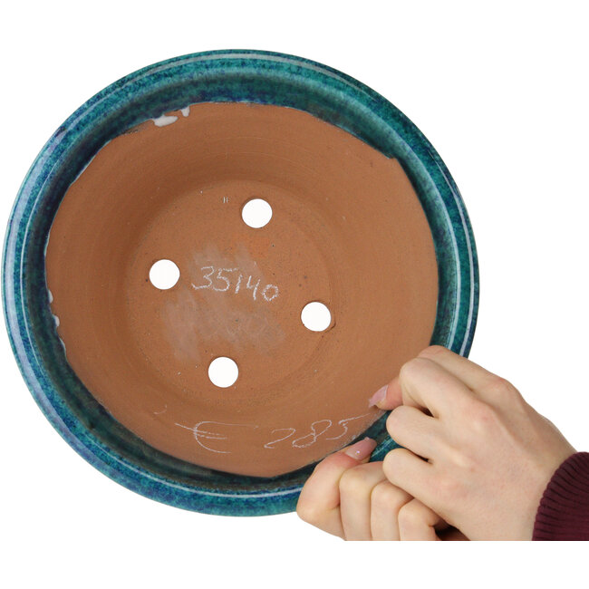 Round blue craquelé bonsai pot by Shuhou - 237 x 237 x 120 mm