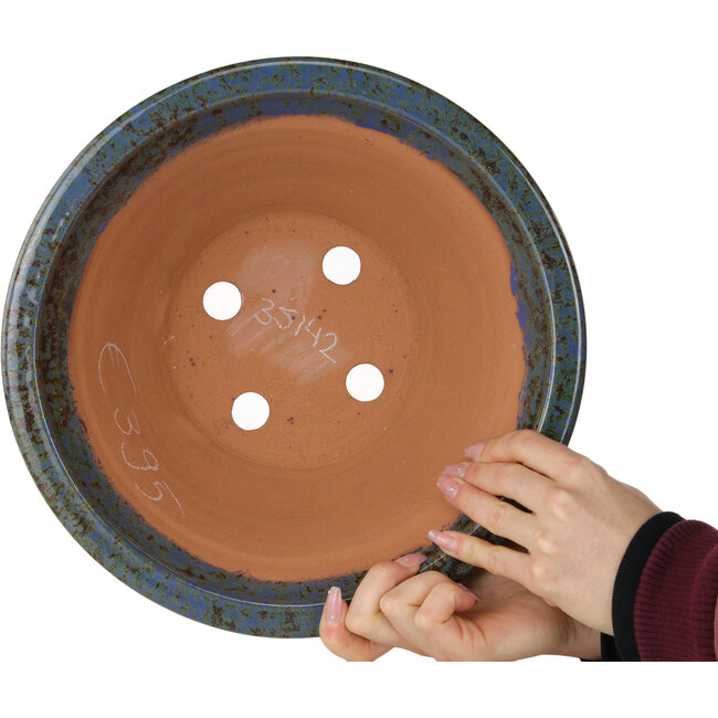 Round blue and brown bonsai pot by Shuhou - 305 x 305 x 135 mm