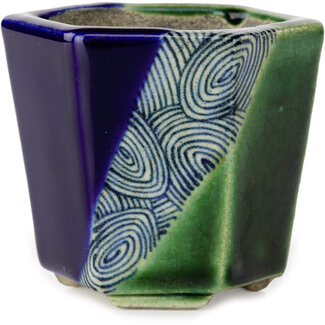  Satomi Mazan, Mazan Terahata Maceta para bonsái hexagonal en azul y verde de 71 mm de Terahata Satomi Mazan, Tokoname, Japón
