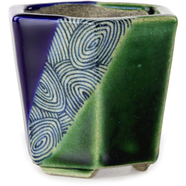 Hexagonal blue and green bonsai pot by Terahata Satomi Mazan - 71 x 71 x 62 mm
