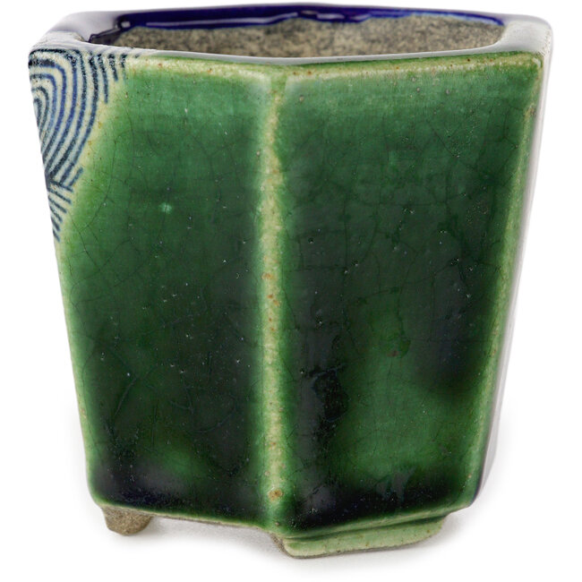 Vaso bonsai esagonale blu e verde di Terahata Satomi Mazan - 71 x 71 x 62 mm