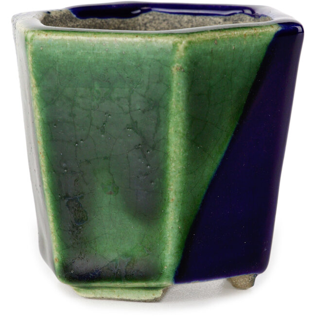Vaso bonsai esagonale blu e verde di Terahata Satomi Mazan - 71 x 71 x 62 mm