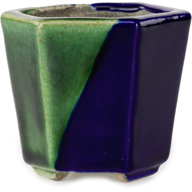 Maceta hexagonal para bonsái azul y verde de Terahata Satomi Mazan - 71 x 71 x 62 mm
