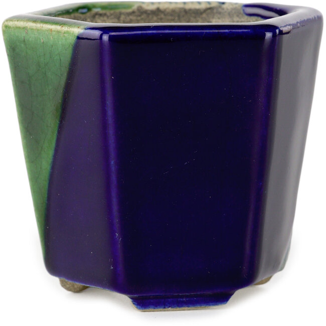 Hexagonal blue and green bonsai pot by Terahata Satomi Mazan - 71 x 71 x 62 mm