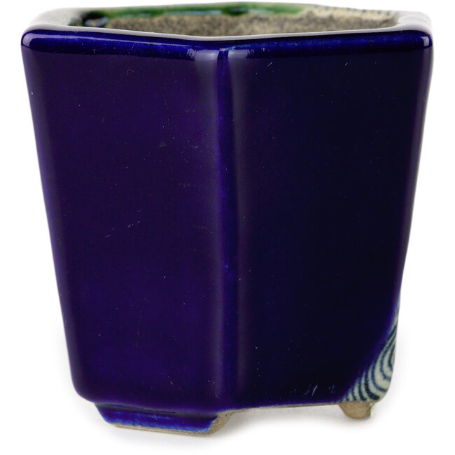 Sechseckiger blauer und grüner Bonsaitopf von Terahata Satomi Mazan – 71 x 71 x 62 mm