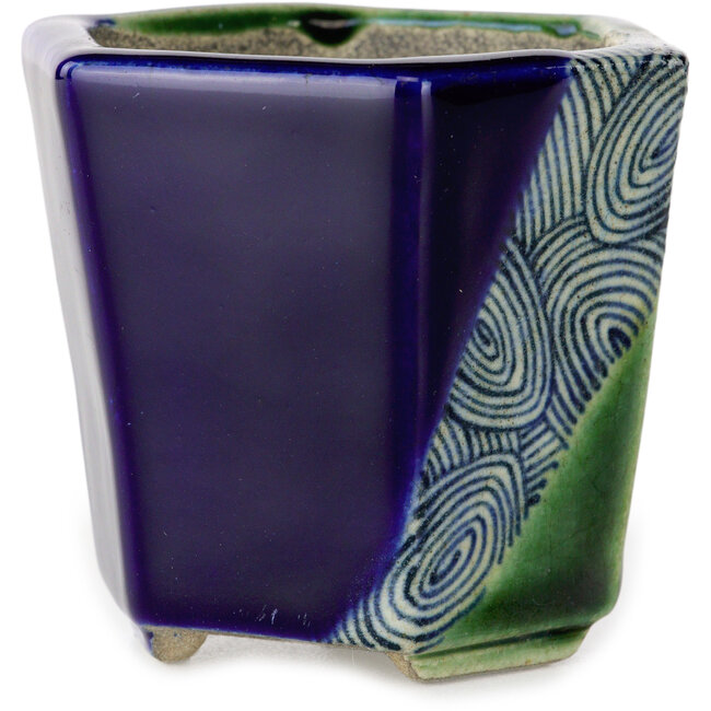 Hexagonal blue and green bonsai pot by Terahata Satomi Mazan - 71 x 71 x 62 mm