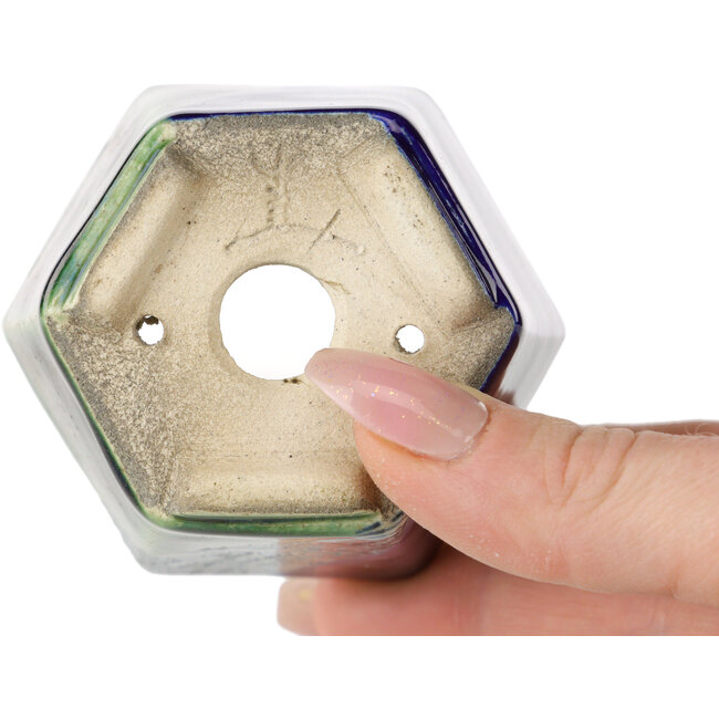 Maceta hexagonal para bonsái azul y verde de Terahata Satomi Mazan - 71 x 71 x 62 mm
