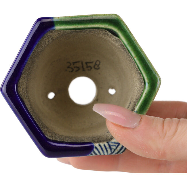 Pot à bonsaï hexagonal bleu et vert par Terahata Satomi Mazan - 71 x 71 x 62 mm