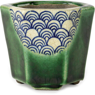  Satomi Mazan, Mazan Terahata Vaso bonsai verde esagonale da 71 mm di Terahata Satomi Mazan, Tokoname, Giappone