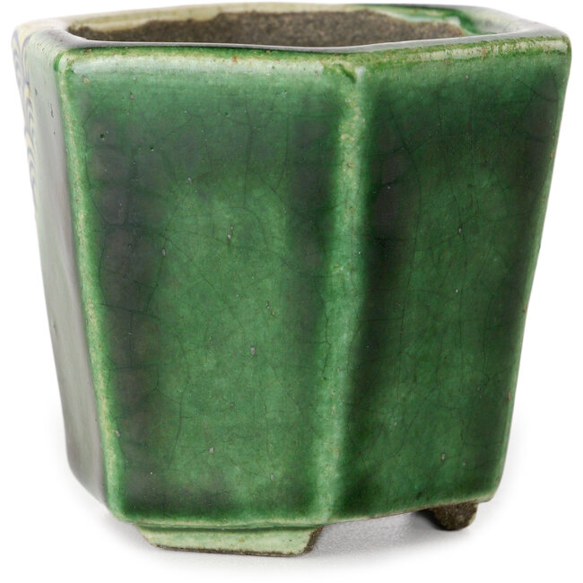 Hexagonal green bonsai pot by Terahata Satomi Mazan - 71 x 71 x 62 mm