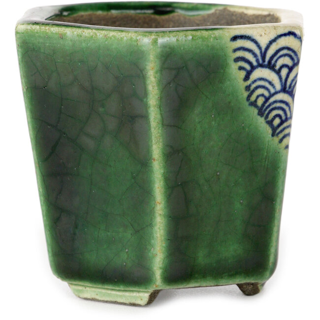 Pot à bonsaï vert hexagonal par Terahata Satomi Mazan - 71 x 71 x 62 mm