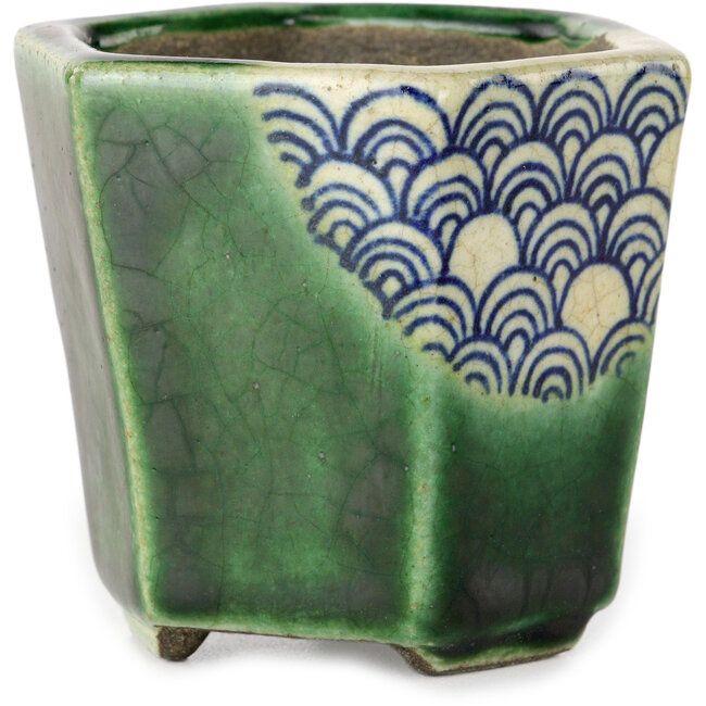 Zeshoekige groene bonsaipot van Terahata Satomi Mazan - 71 x 71 x 62 mm
