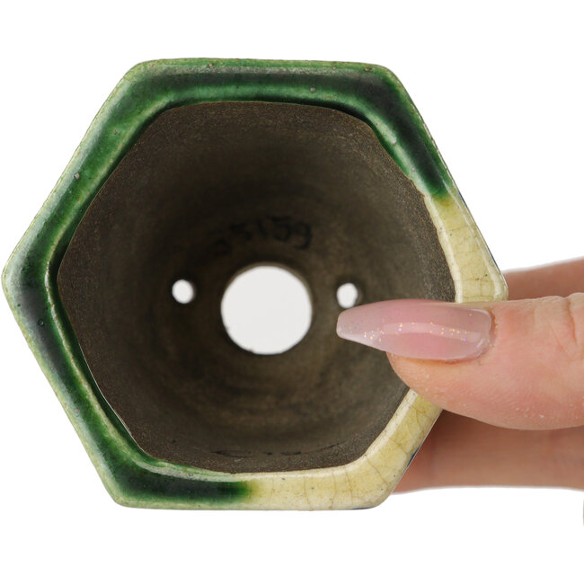 Zeshoekige groene bonsaipot van Terahata Satomi Mazan - 71 x 71 x 62 mm