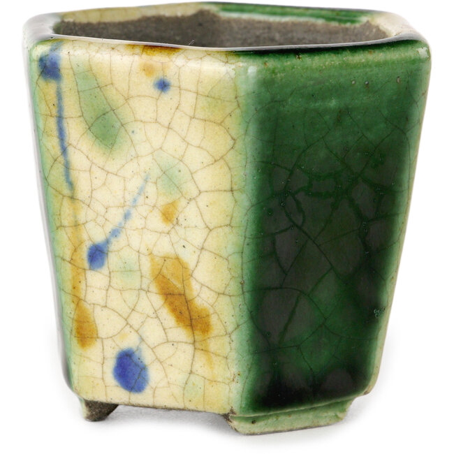 Pot à bonsaï hexagonal vert et multicolore par Terahata Satomi Mazan - 71 x 71 x 62 mm