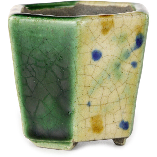 Hexagonal green and multicolor bonsai pot by Terahata Satomi Mazan - 71 x 71 x 62 mm