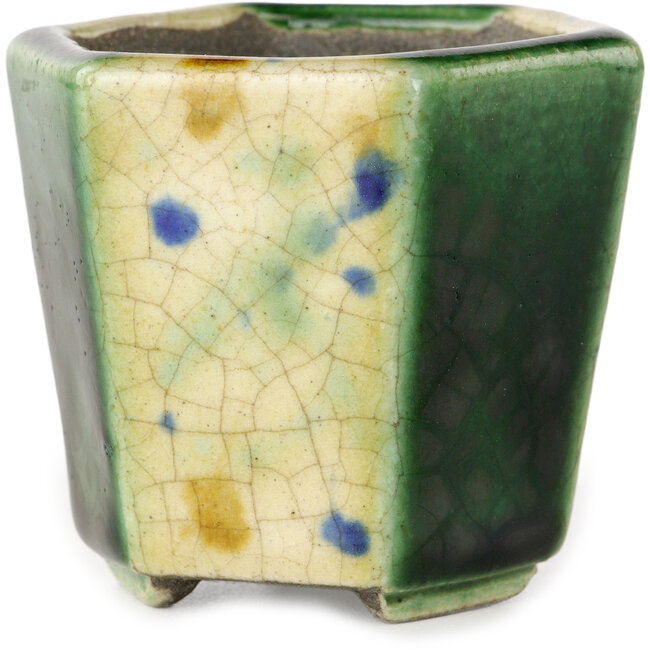 Hexagonal green and multicolor bonsai pot by Terahata Satomi Mazan - 71 x 71 x 62 mm