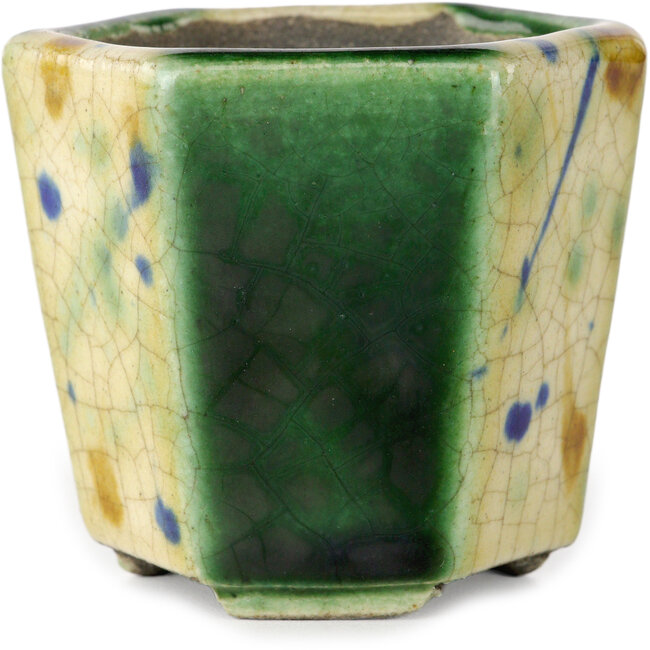 Sechseckiger grüner und mehrfarbiger Bonsaitopf von Terahata Satomi Mazan – 71 x 71 x 62 mm