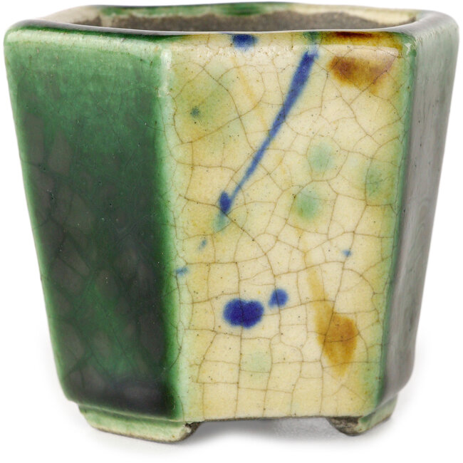 Hexagonal green and multicolor bonsai pot by Terahata Satomi Mazan - 71 x 71 x 62 mm