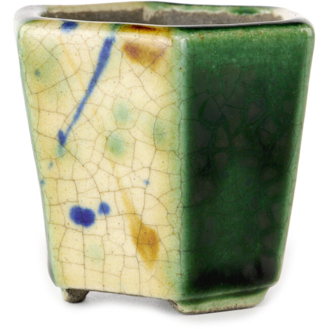 Zeshoekige groene en veelkleurige bonsaipot van Terahata Satomi Mazan - 71 x 71 x 62 mm