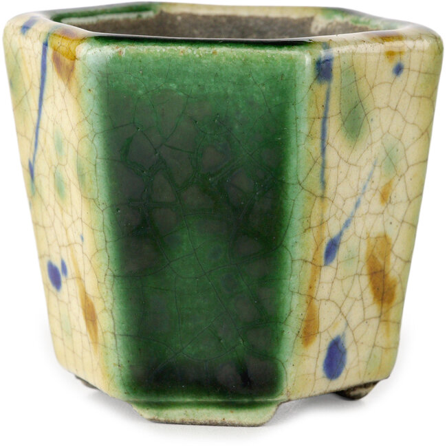 Maceta hexagonal para bonsái verde y multicolor de Terahata Satomi Mazan - 71 x 71 x 62 mm