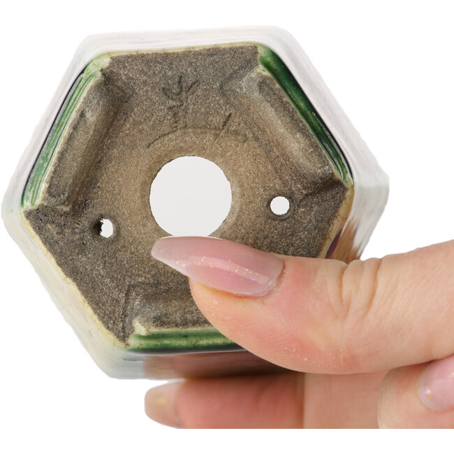 Pot à bonsaï hexagonal vert et multicolore par Terahata Satomi Mazan - 71 x 71 x 62 mm