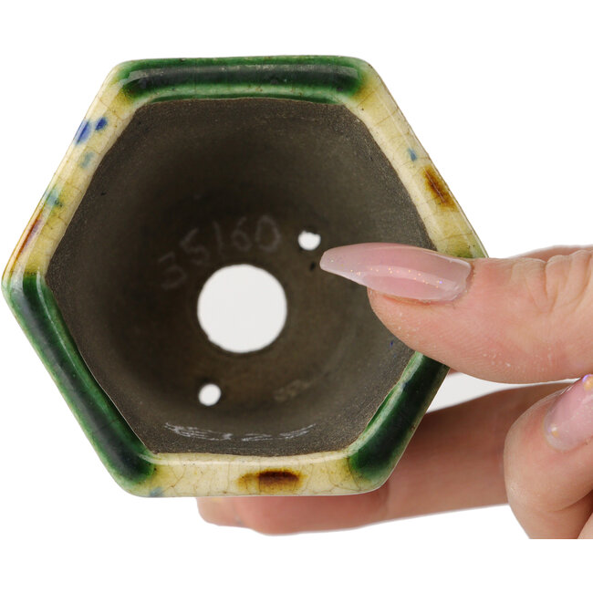 Maceta hexagonal para bonsái verde y multicolor de Terahata Satomi Mazan - 71 x 71 x 62 mm