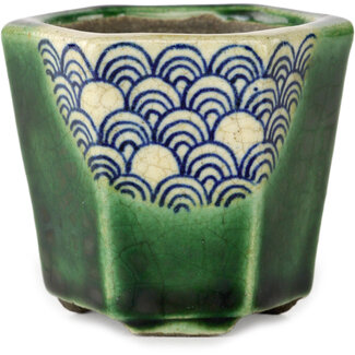  Satomi Mazan, Mazan Terahata 71 mm hexagonal green bonsai pot by Terahata Satomi Mazan, Tokoname, Japan