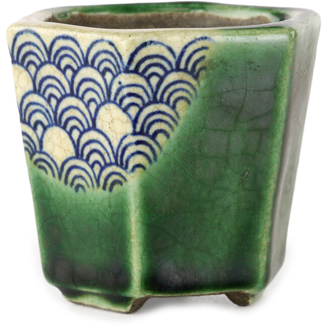 Vaso bonsai esagonale verde di Terahata Satomi Mazan - 71 x 71 x 62 mm
