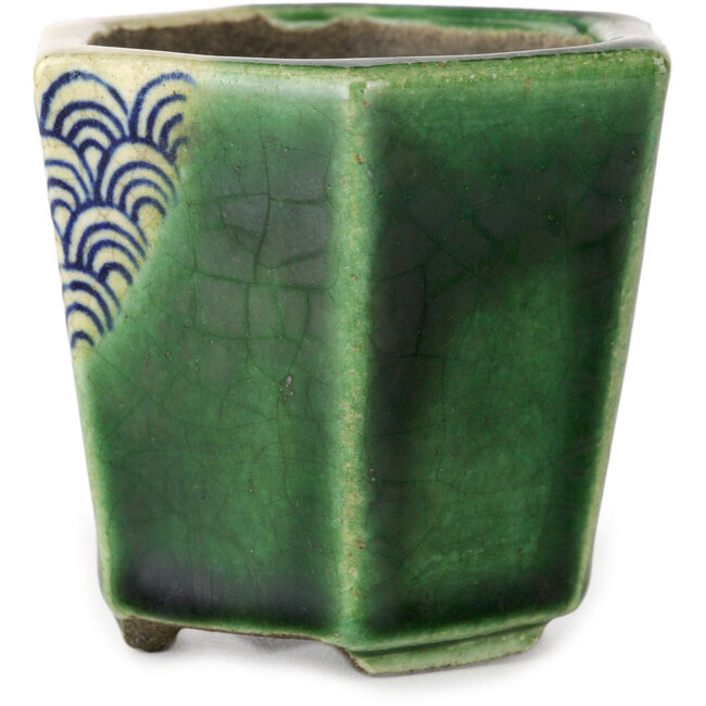 Zeshoekige groene bonsaipot van Terahata Satomi Mazan - 71 x 71 x 62 mm