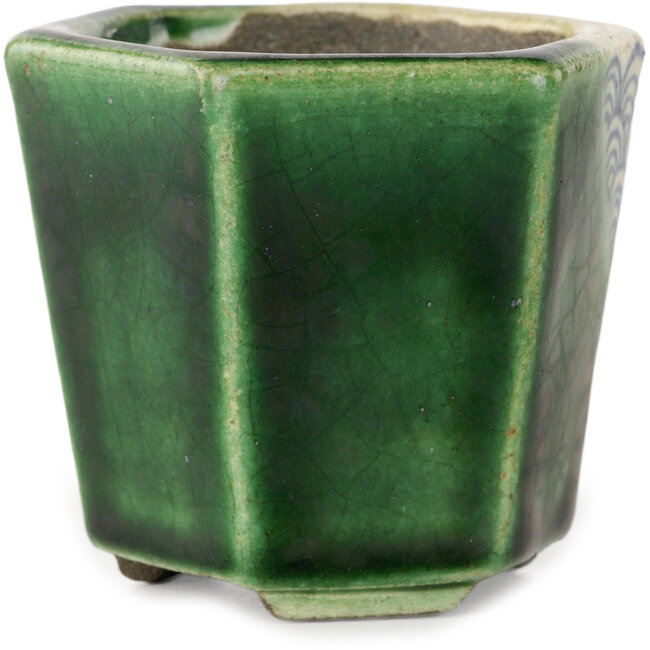 Pot à bonsaï vert hexagonal par Terahata Satomi Mazan - 71 x 71 x 62 mm