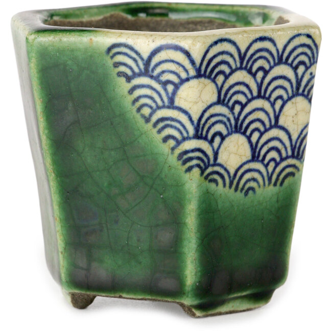 Hexagonal green bonsai pot by Terahata Satomi Mazan - 71 x 71 x 62 mm