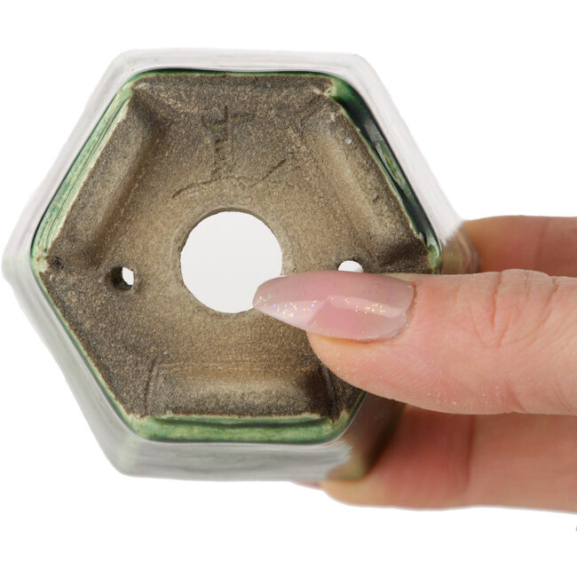 Zeshoekige groene bonsaipot van Terahata Satomi Mazan - 71 x 71 x 62 mm