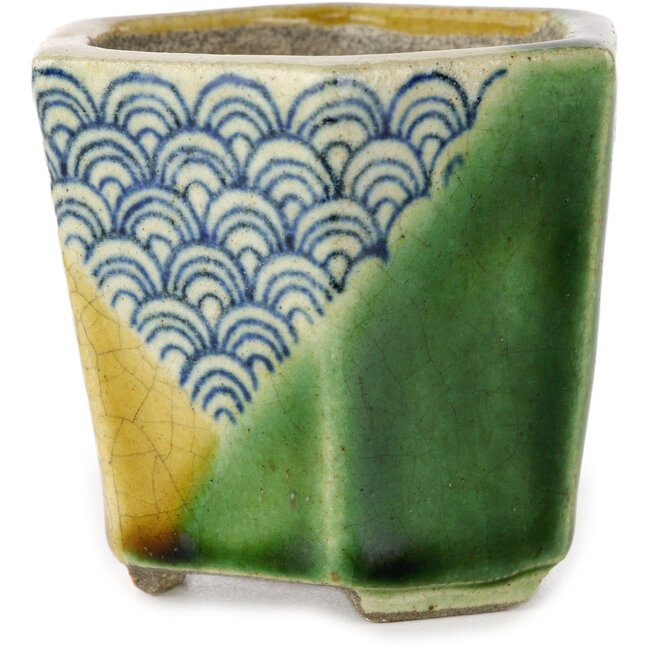 Vaso bonsai esagonale verde e giallo di Terahata Satomi Mazan - 71 x 71 x 62 mm
