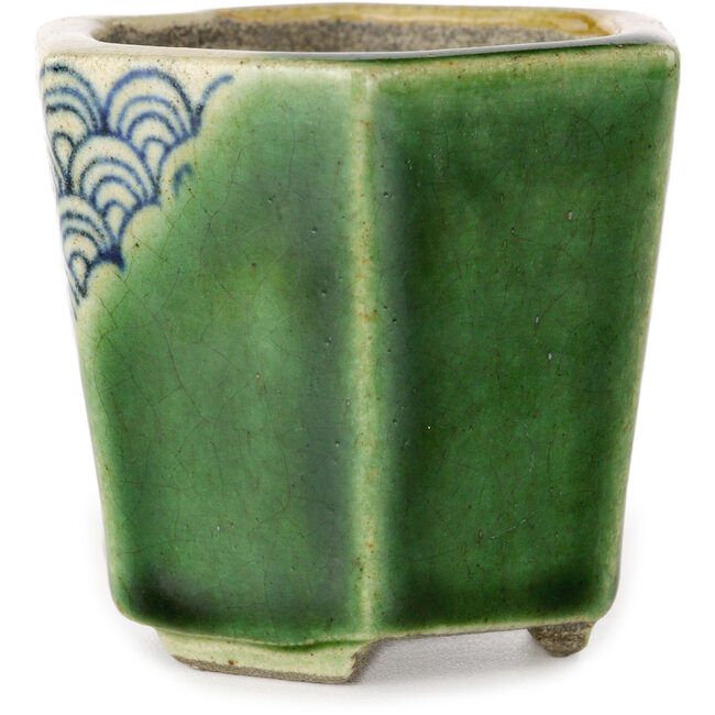 Maceta hexagonal para bonsái verde y amarilla de Terahata Satomi Mazan - 71 x 71 x 62 mm